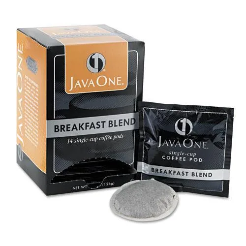 Cardboard box holding fourteen light-roast coffee pods
