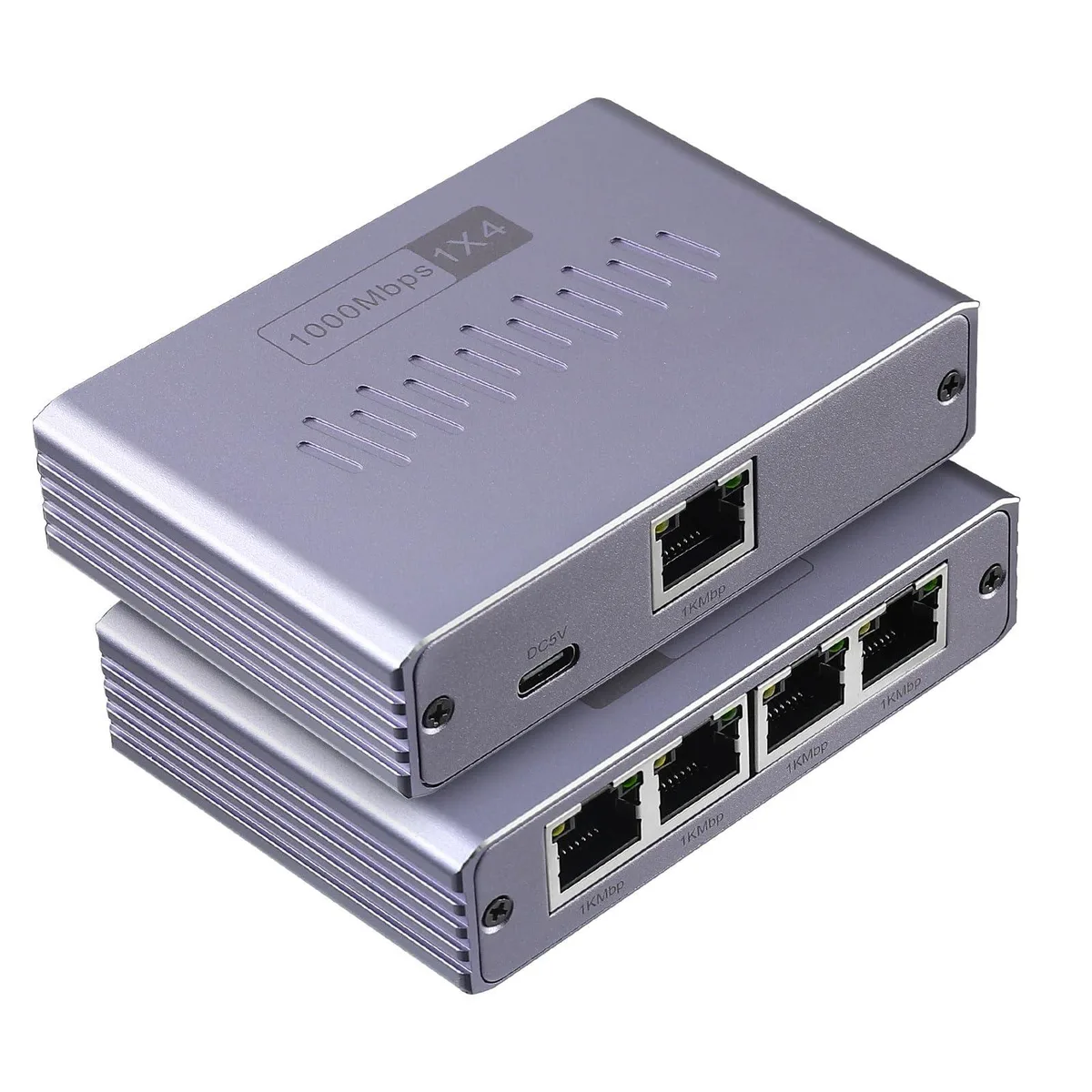 Compact black box with one input and four output RJ45 ports plus a USB-C power socket