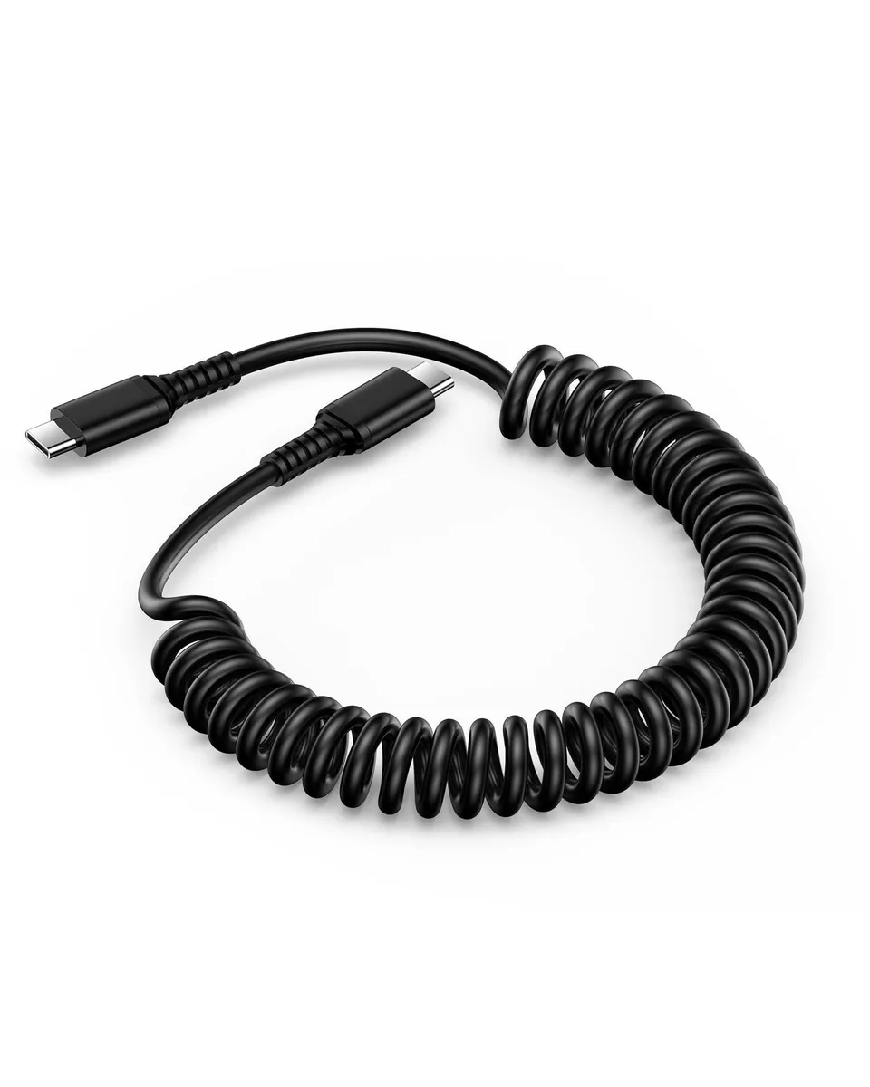 Black coiled USB-C to USB-C retractable cable extends from one to three feet