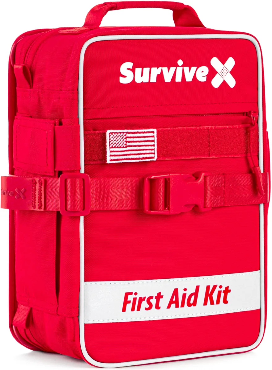 Black rectangular first aid kit with zip closure and front buckle strap