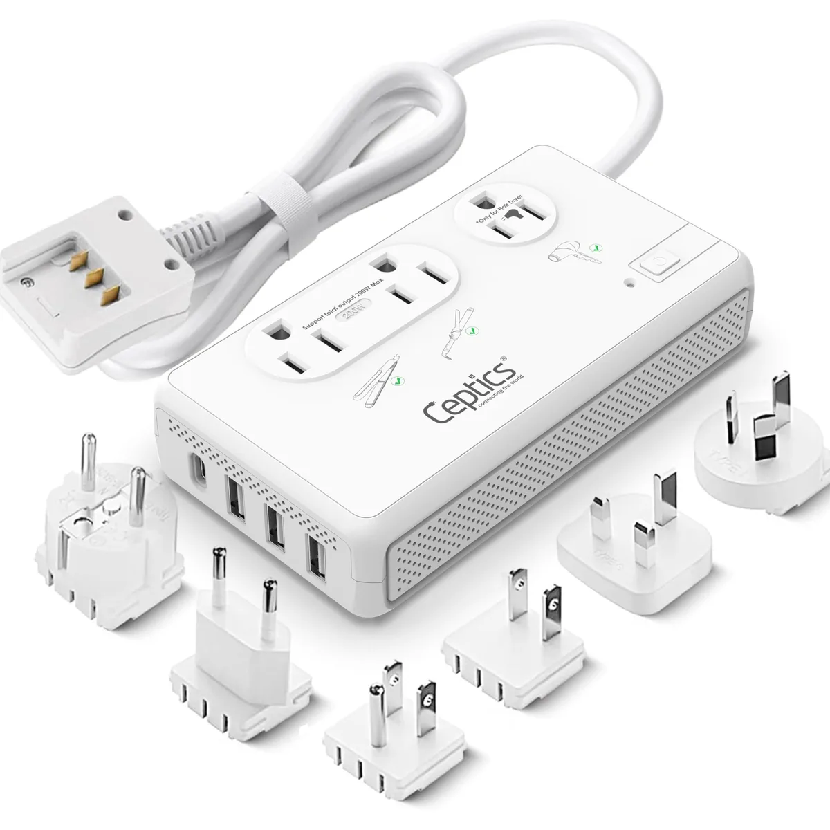 White rectangular travel voltage converter with multiple AC outlets and USB ports, detachable plug attachments