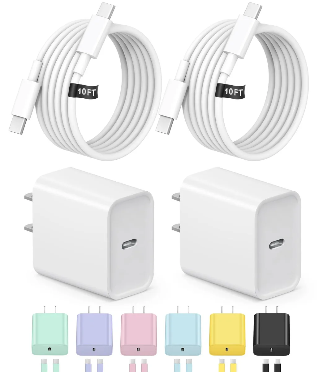 Two white USB-C wall chargers with matching 10ft cables in assorted colours