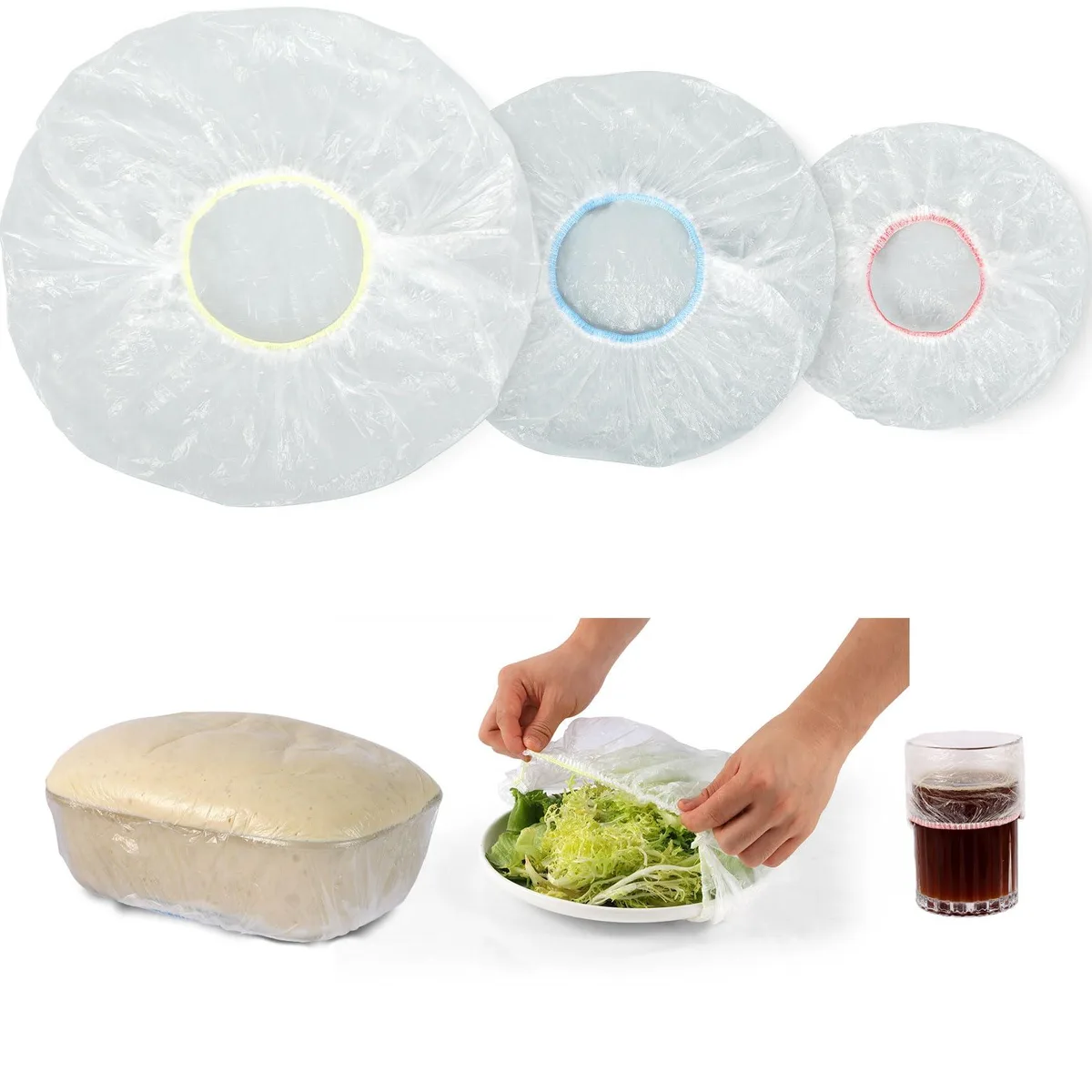 Pack of 100 clear plastic bowl covers with red, blue and yellow elastic trim in three sizes