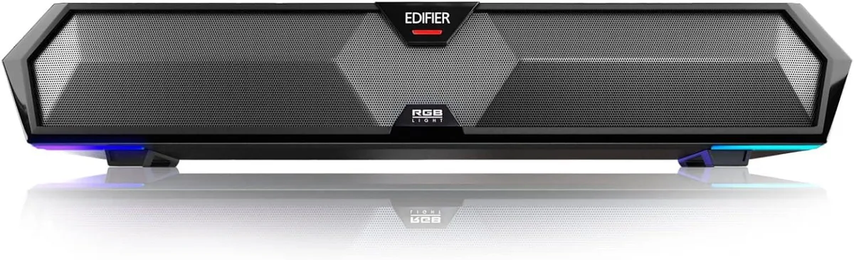 Compact black sound bar with RGB lighting, 15.67 inches wide, USB and Bluetooth 5.3 connectivity