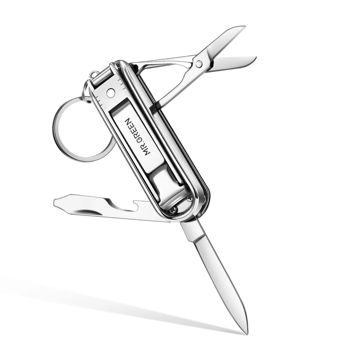 Compact stainless steel multi-tool with fold-out nail clippers, file, knife, scissors, screwdriver and bottle opener
