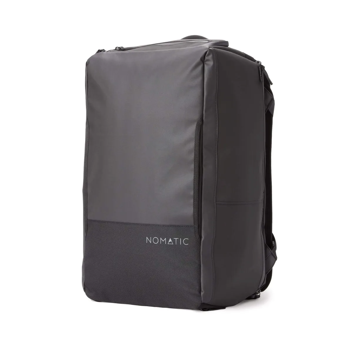 Black 40L travel backpack with large front opening and laptop sleeve