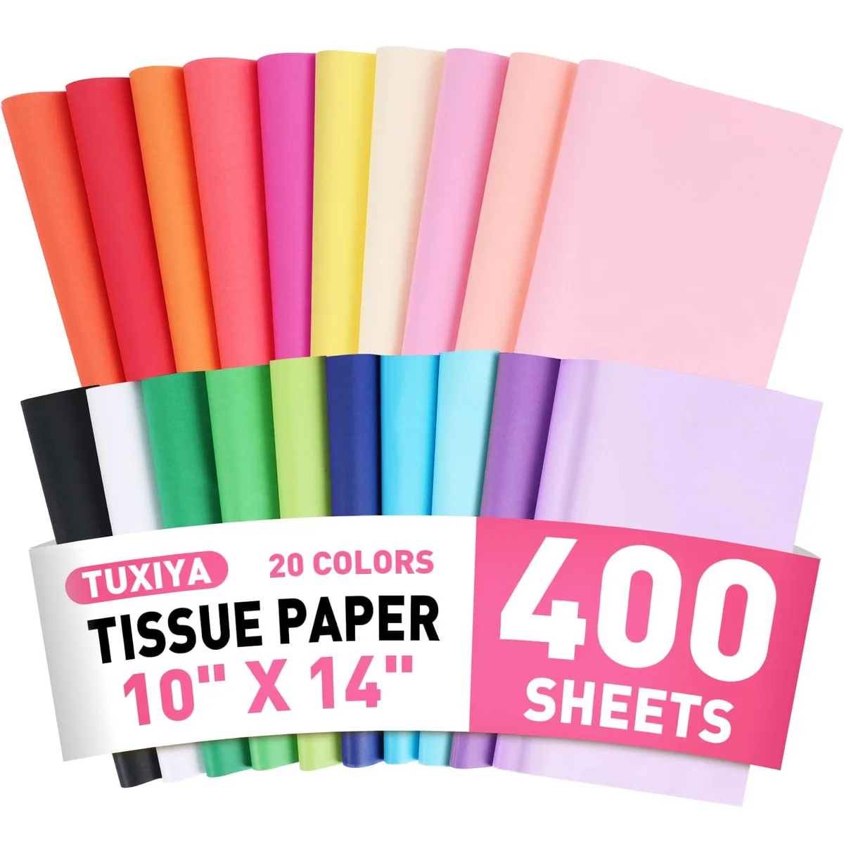 Stack of 400 folded tissue sheets in 20 colors, each 10 by 14 inches