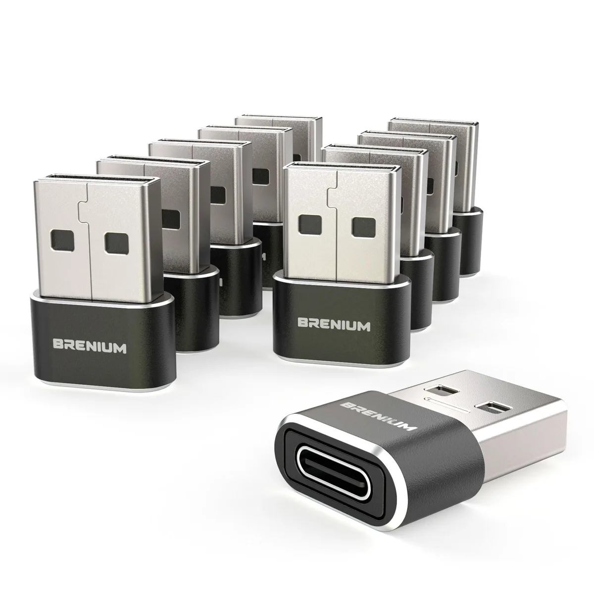 Ten black USB-A to USB-C adapters, compact aluminium finish