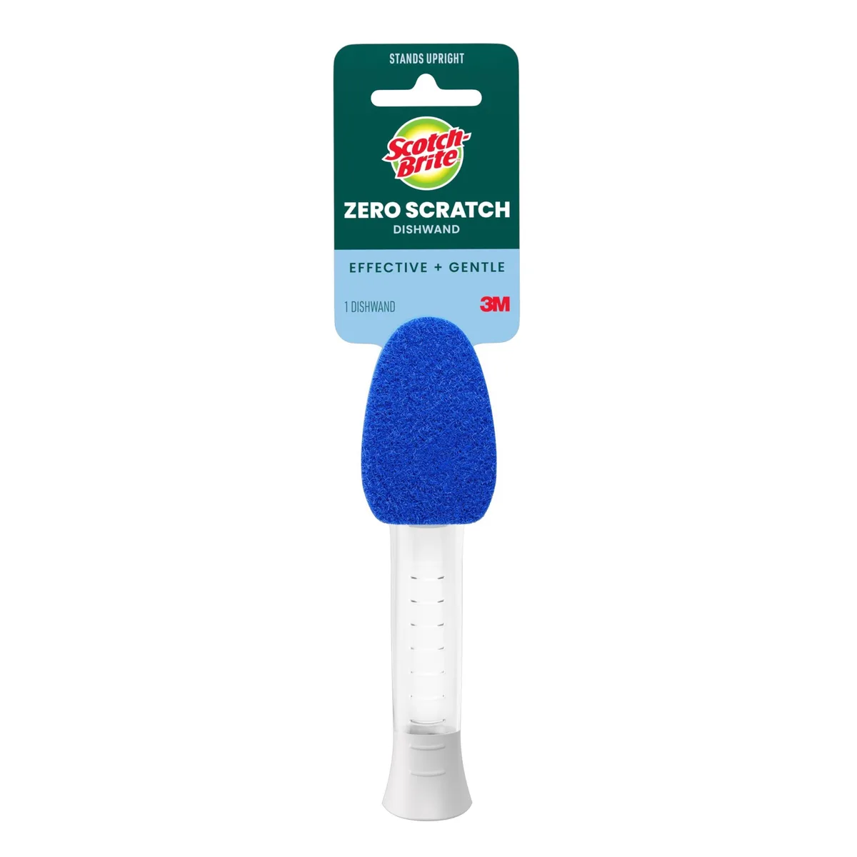 White handled scrub wand with green non-scratch head and built-in scraper standing upright