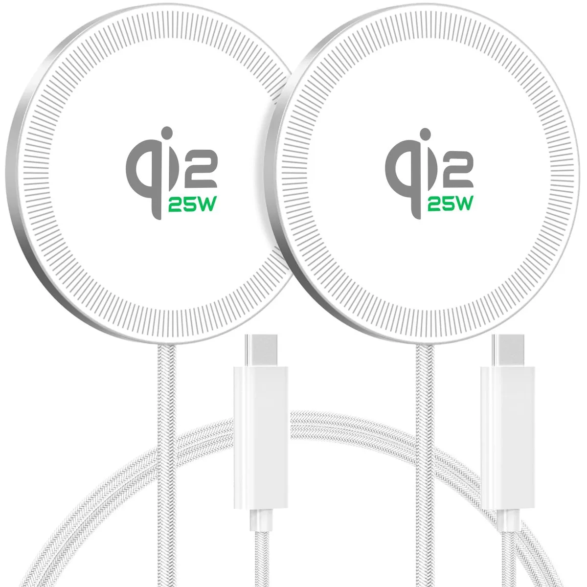 Two white circular wireless charging pads side by side