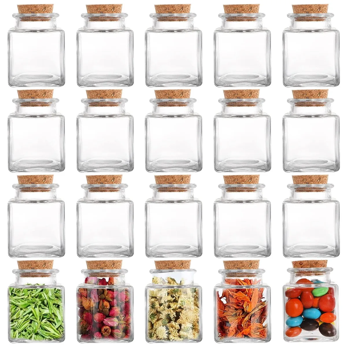 Twenty small square glass jars with red cork lids arranged in rows
