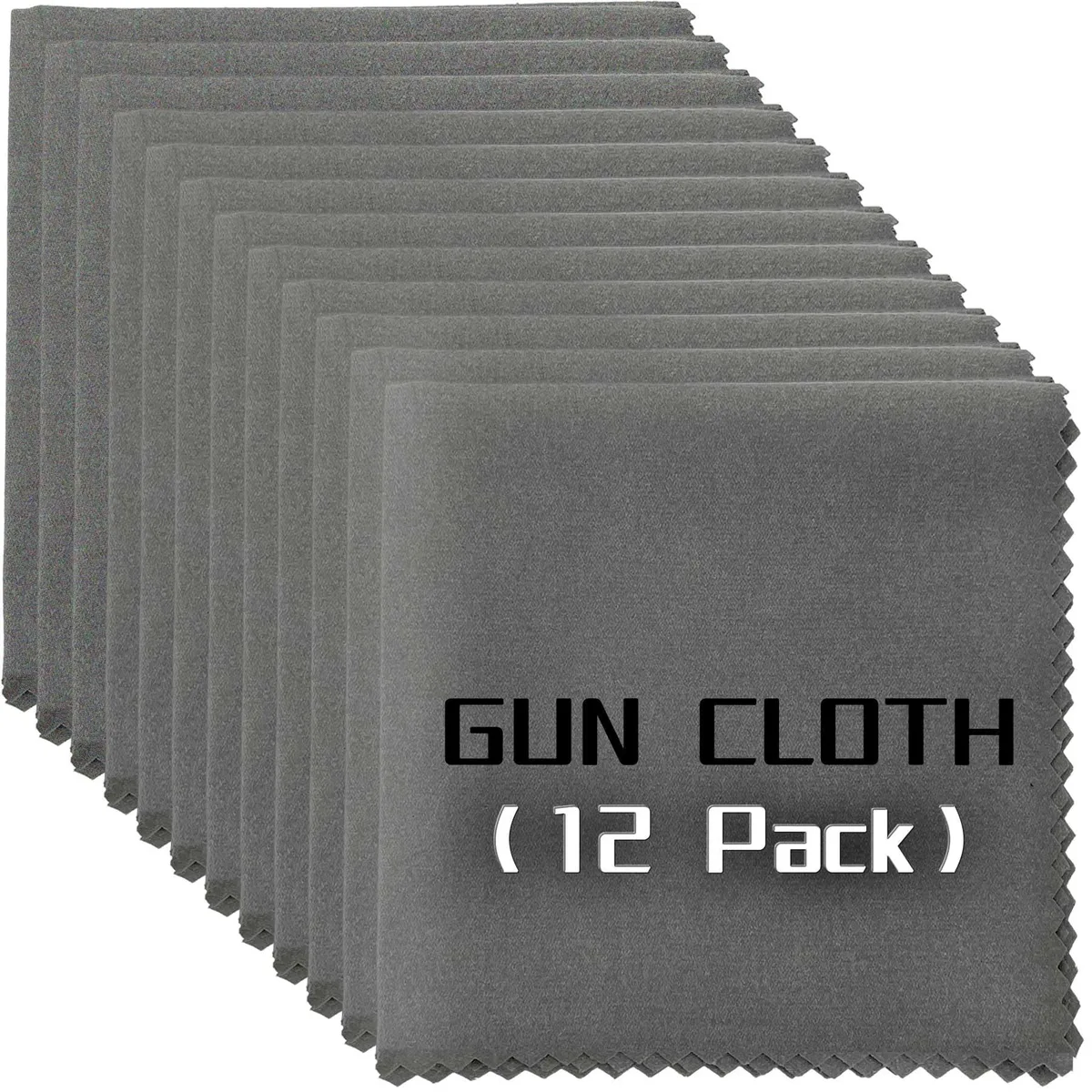 Stack of twelve 12-inch square grey microfiber cloths in individual packaging