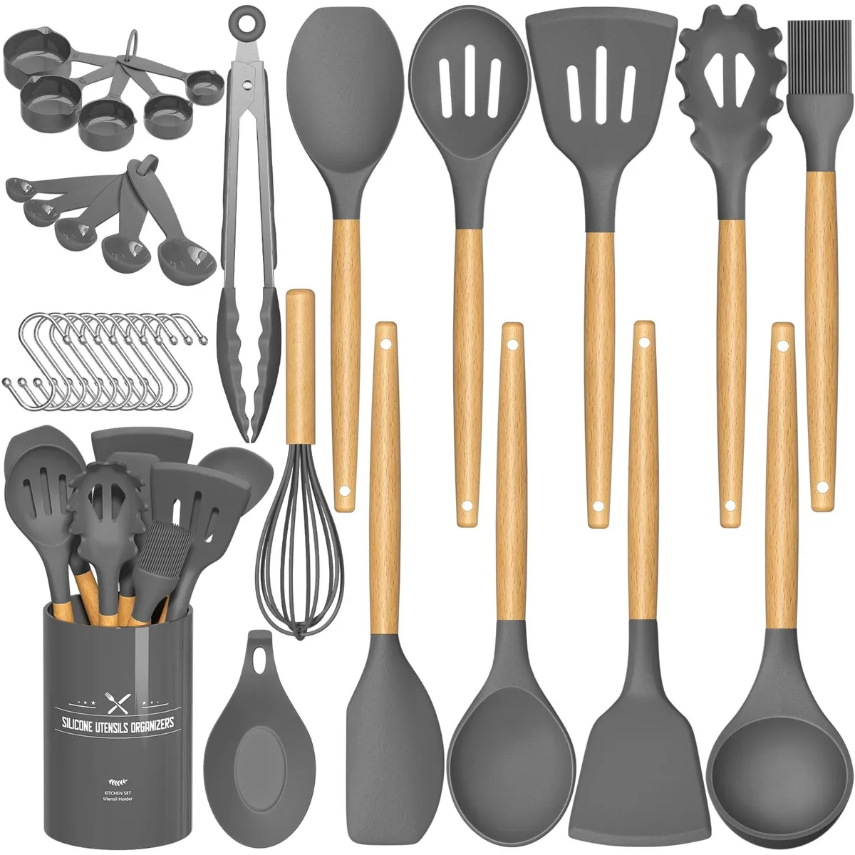 Grey silicone utensil set with wooden handles and holder, 33 pieces