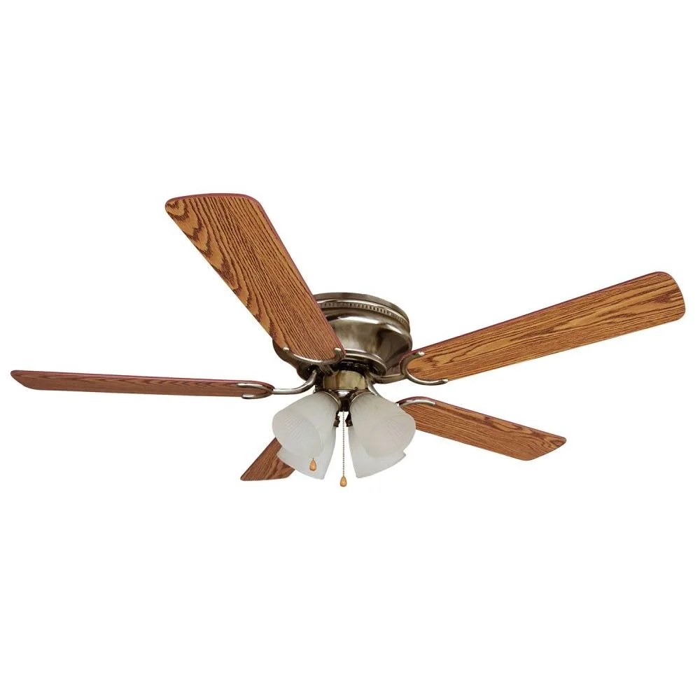Antique brass 52 inch ceiling fan with five reversible oak walnut blades and four frosted glass lights