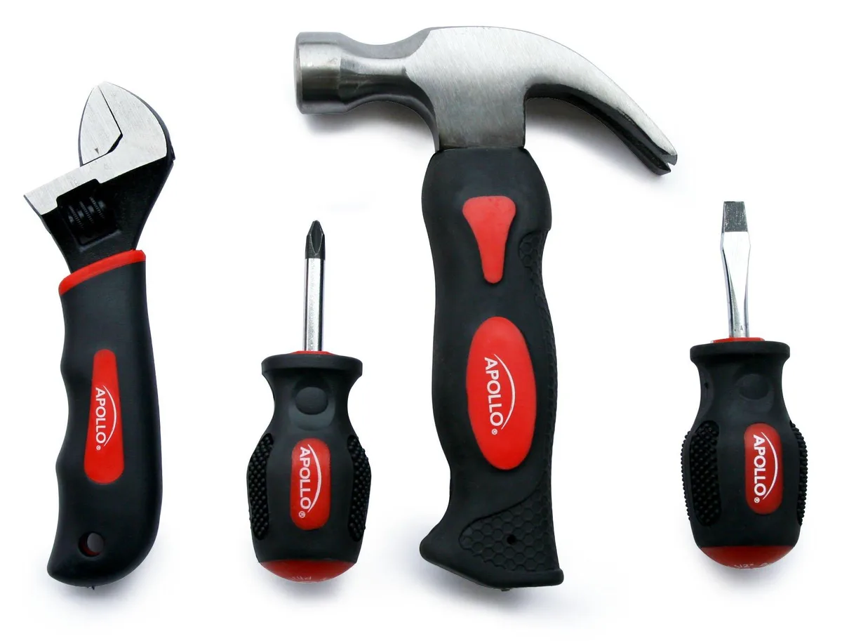 Red four-piece stubby tool set with mini hammer screwdrivers and adjustable wrench