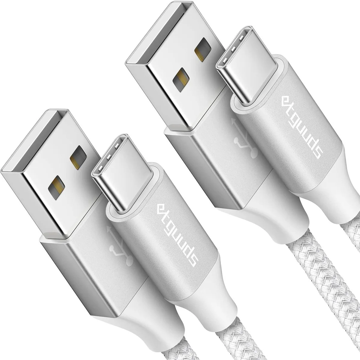 Two white nylon-braided USB-A to USB-C cables, 3 ft each, male-to-male connectors