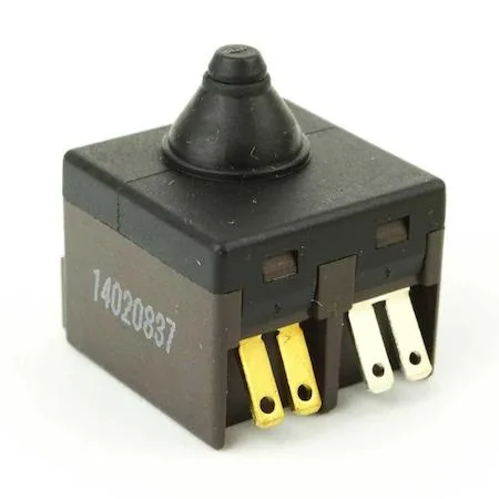 Small black rectangular push-button switch with four terminals