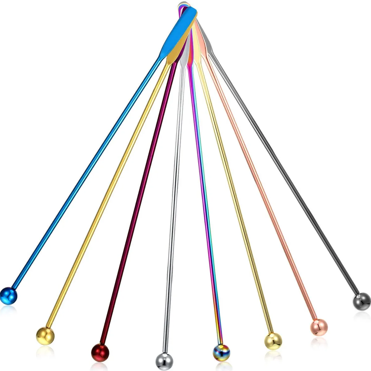 Eight 7.5-inch stainless steel stirrers in assorted metallic colours, each with a small rectangular paddle