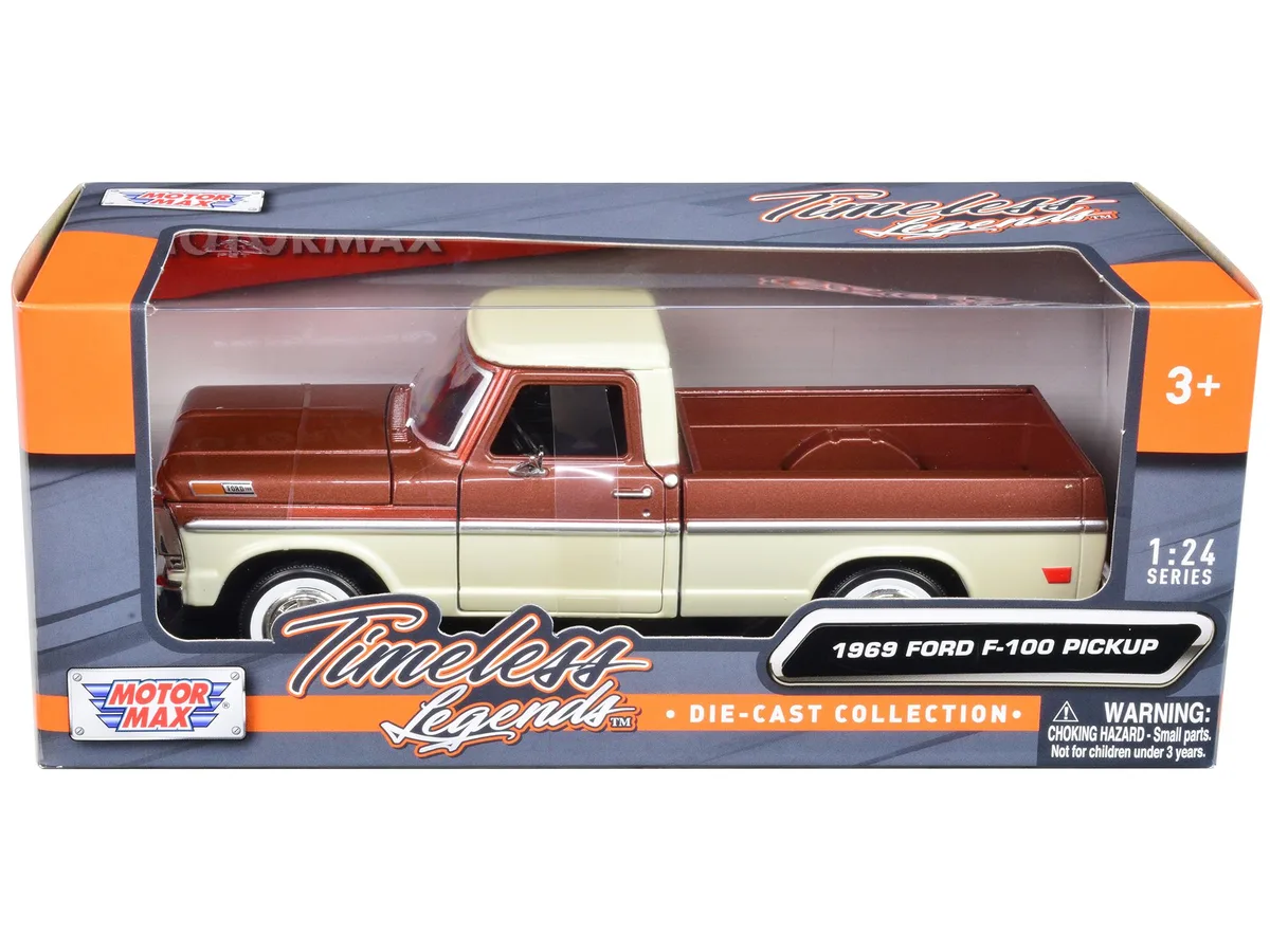 MOTORMAX MOTORMAX 1969 Ford F-100 Pickup Truck Brown Metallic and Cream Timeless Legends 1/24 Diecast Hobby Collectible — product photo