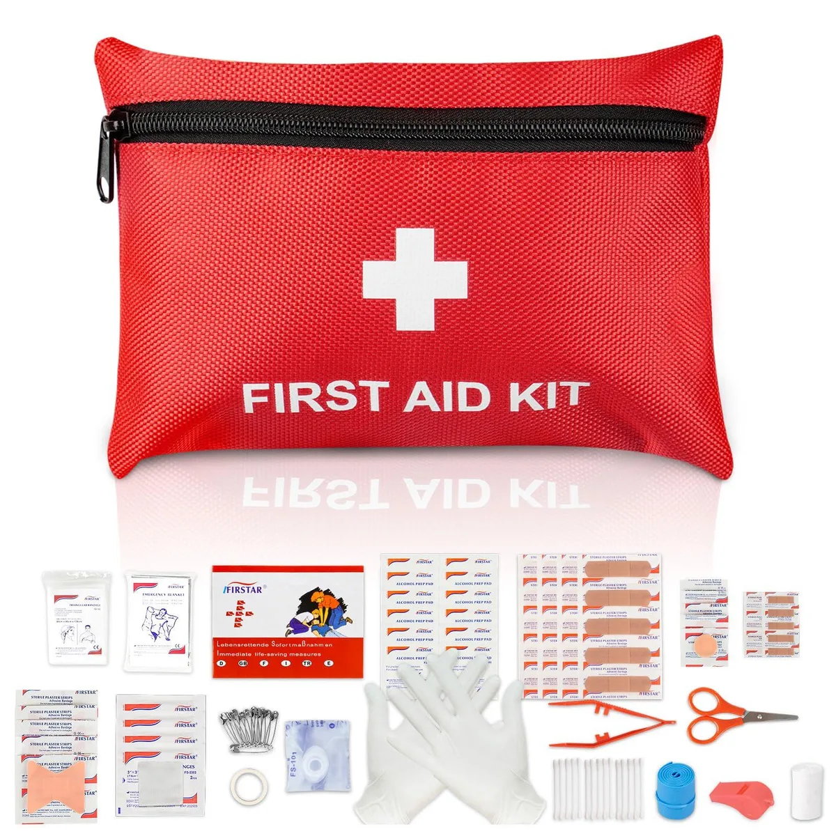 Red zippered first-aid pouch, 20 x 14 x 3.8 cm, 100 pieces inside