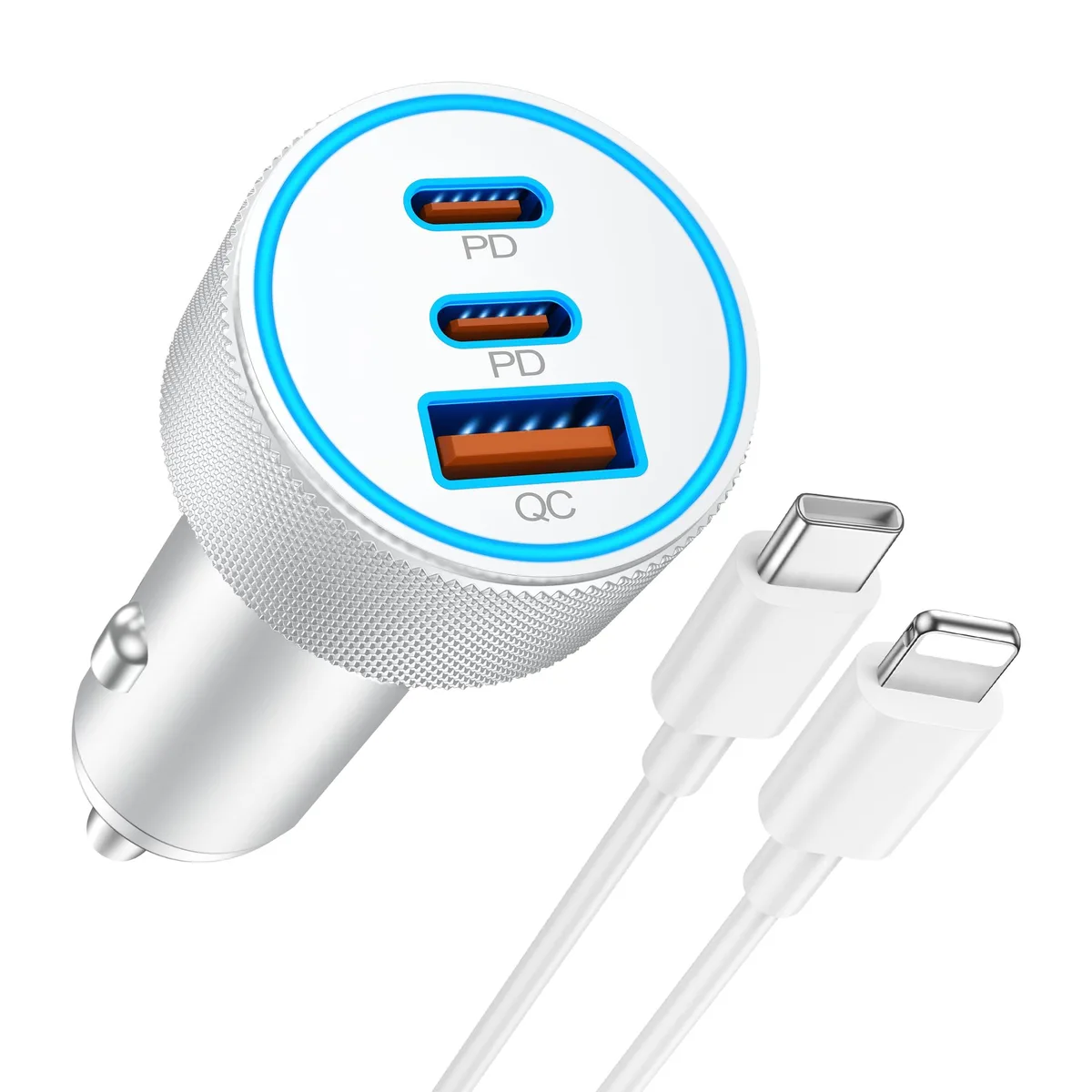 Compact black car charger with three ports and attached USB-C to Lightning cable