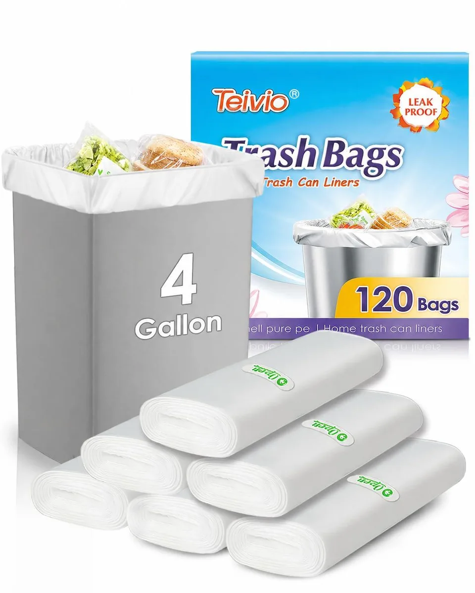 Clear plastic 4-gallon trash bags, flat-packed, 120 count
