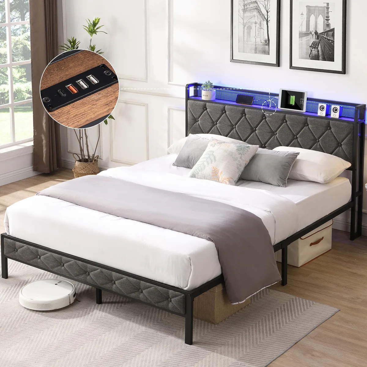 Dark gray upholstered platform bed with storage headboard, LED lighting, and charging ports