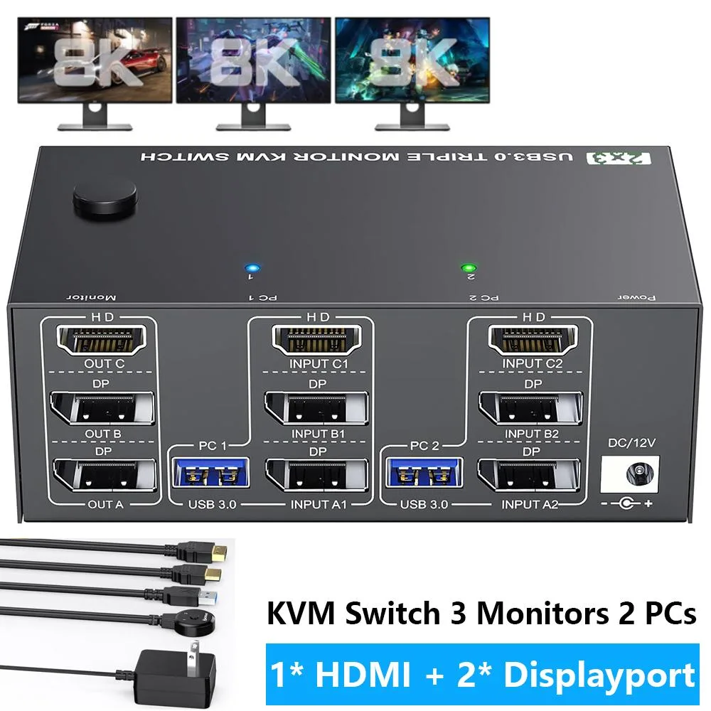IHDAPP IHDAPP KVM Switch 3 Monitors 2 Computers 8K@60Hz 4K@144Hz HDMI+2 DisplayPort — product photo