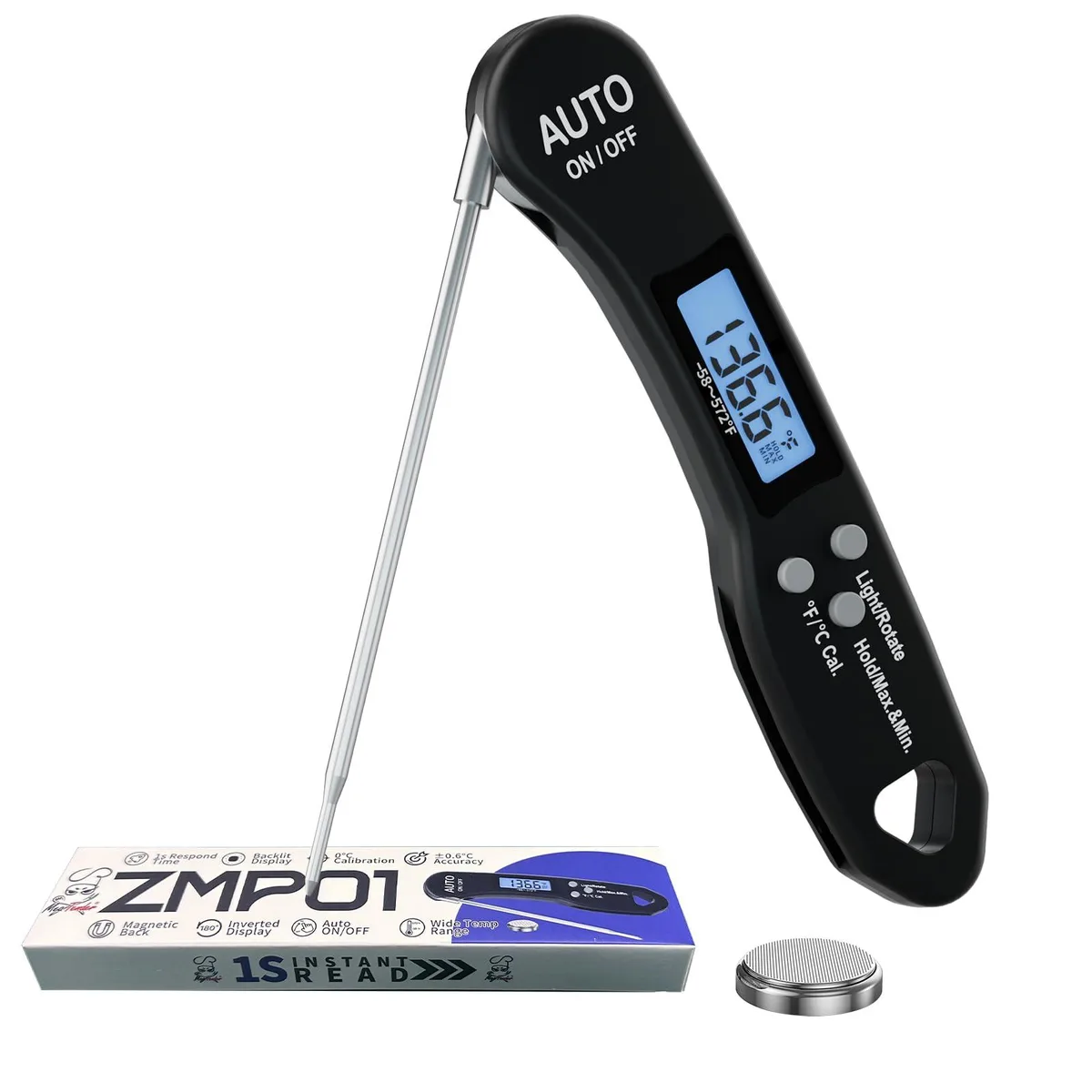Black instant-read thermometer with foldable probe and reversible backlit LCD