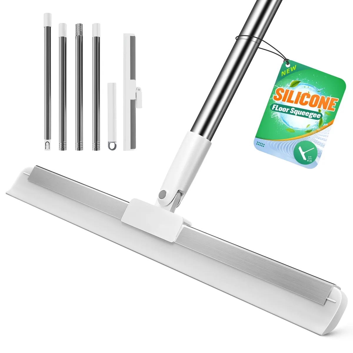 White silicone squeegee with 16in blade and four-section 62in stainless steel pole