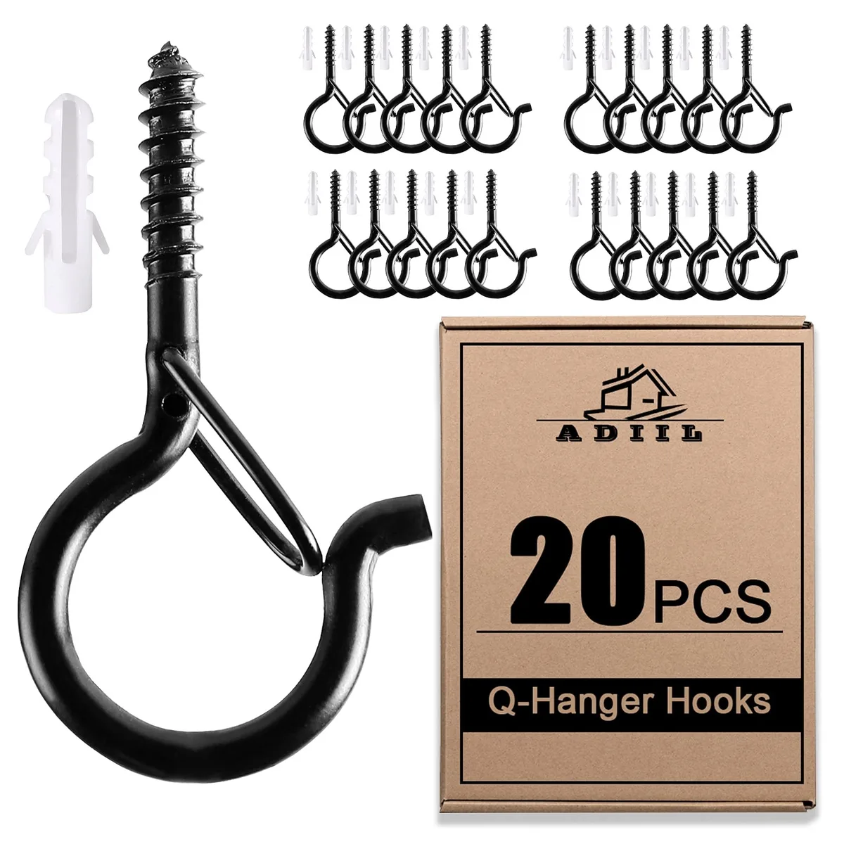 Black metal screw hooks with safety latch, 2.2 inch, pack of 20