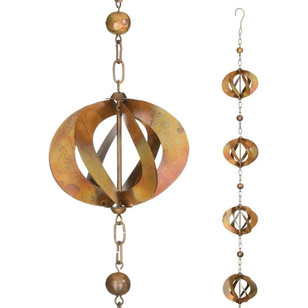 Flamed copper spinner rain chain, 100 long, decorative downspout replacement