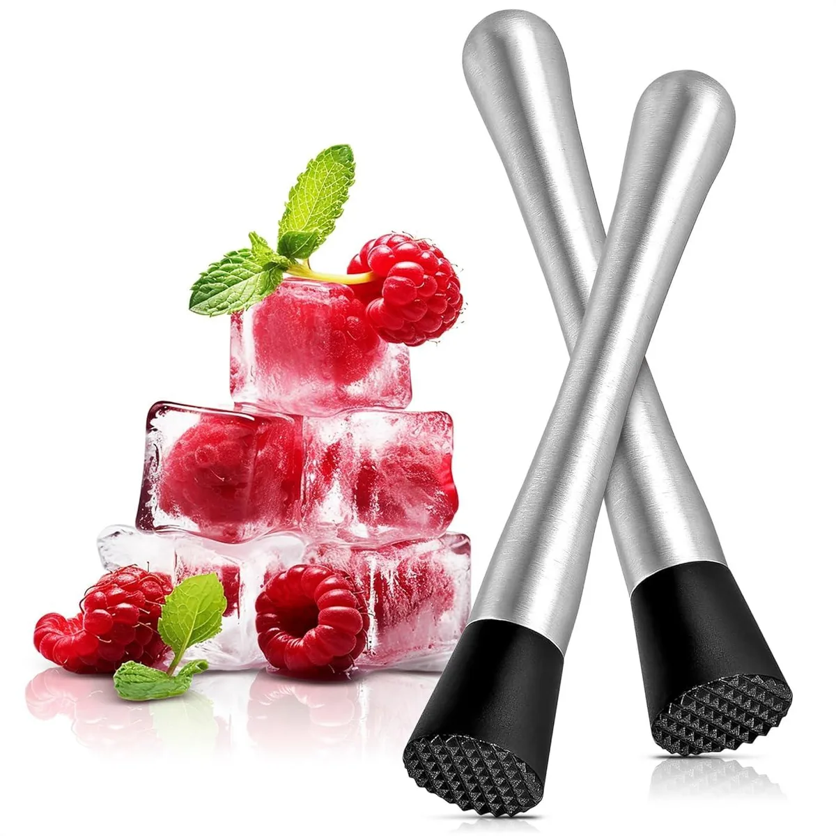 Two 8-inch stainless steel muddlers with textured heads