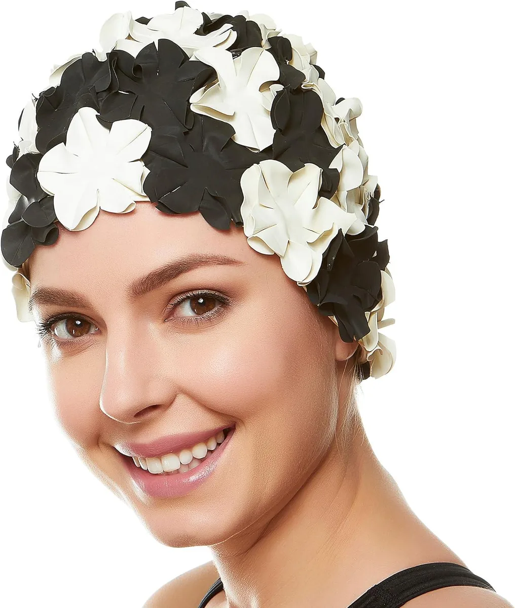Beemo Beemo Floral Petal Ladies Swim Cap Black/White — product photo