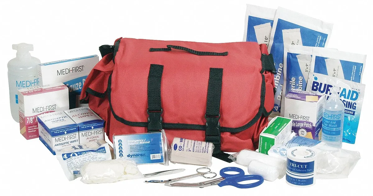 Red Cordura trauma kit case, 15 by 7 by 9 inches, 42 components for 75 people
