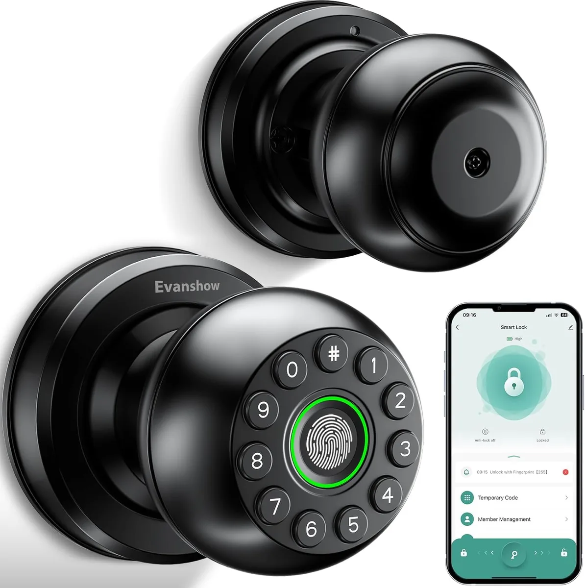  Meterk Smart Door Knob Fingerprint Lock 4-in-1 Black 5.7x2.7x1.5 in — product photo
