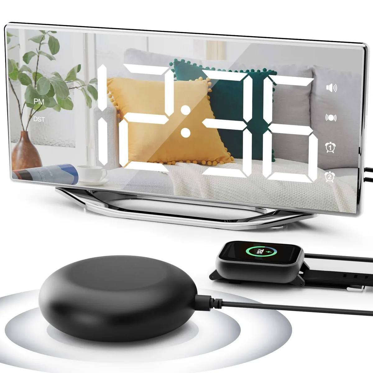 Rectangular silver digital clock with large 8.7 inch display and bed shaker unit