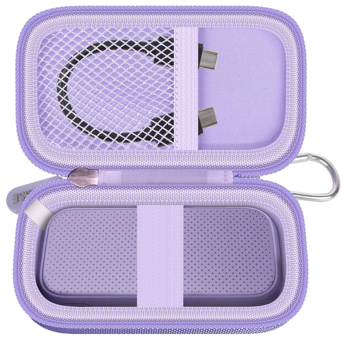 Purple semi-rigid EVA case with elastic strap and mesh pocket for SanDisk Extreme Portable SSD
