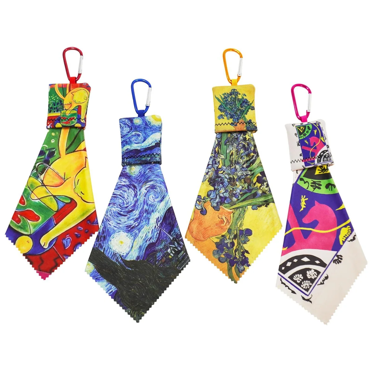 Four colourful microfibre cloths with art prints, elastic loops and a storage pouch