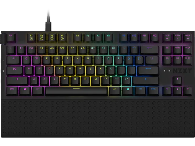 Black tenkeyless mechanical keyboard with aluminium top plate and detachable wrist rest
