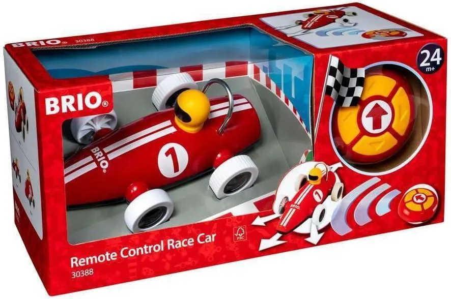 Bright red plastic remote-control race car with matching handheld controller