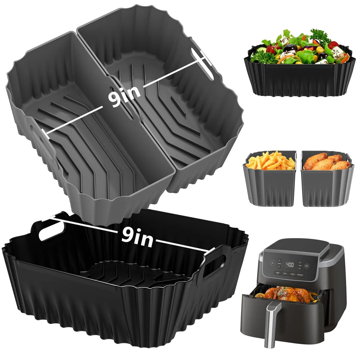 Three square silicone liners, black and grey, two split in half, one whole