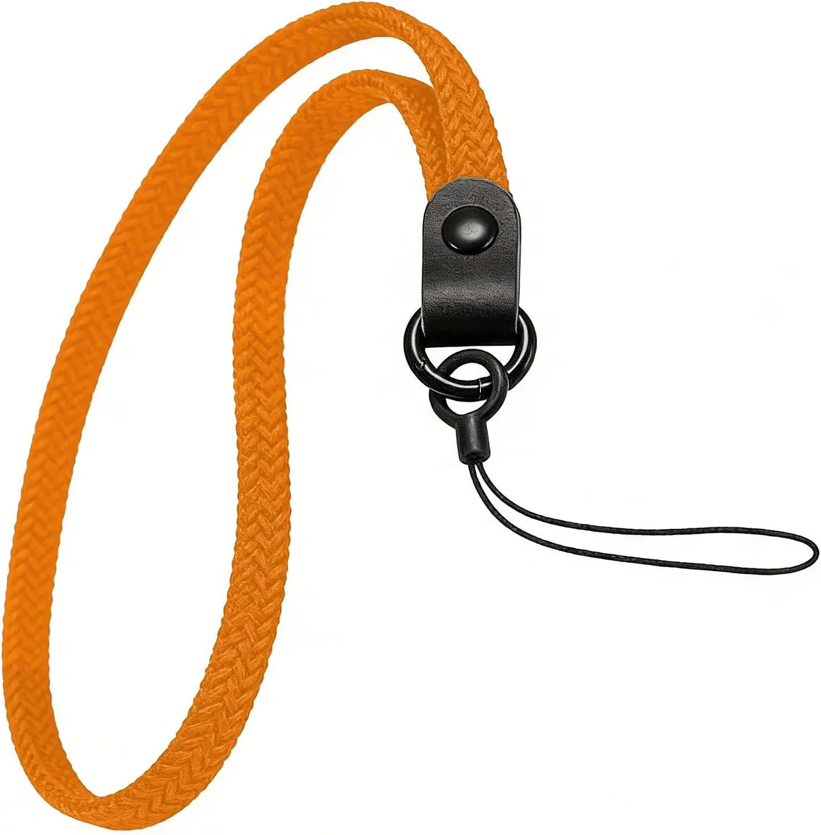 Orange elastic nylon wrist lanyard with leather accents