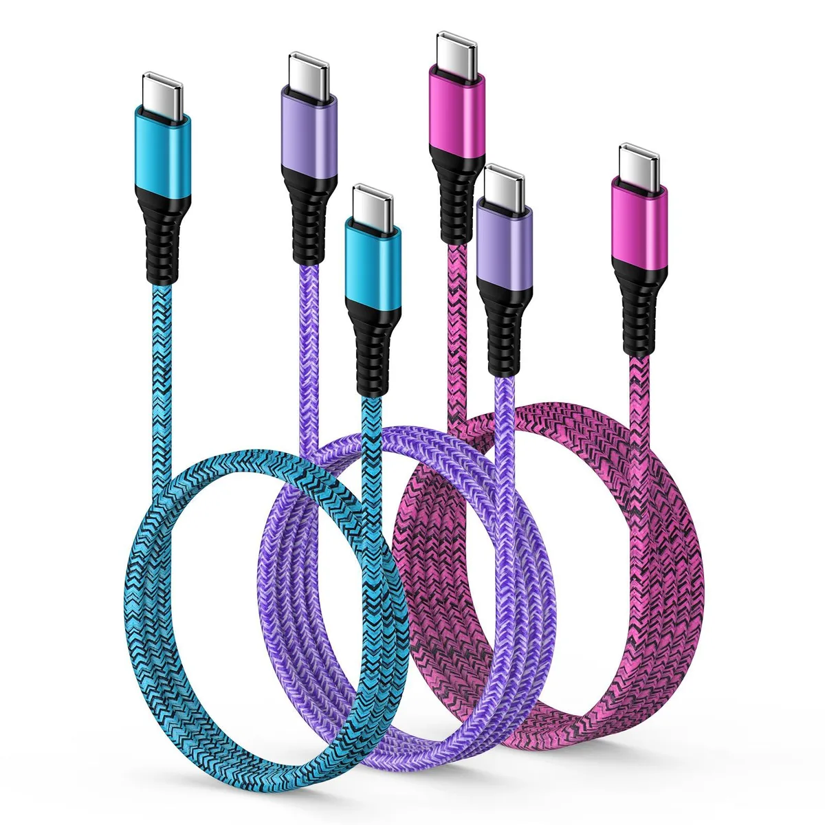 Braided USB-C to USB-C cable in blue, purple and red lengths