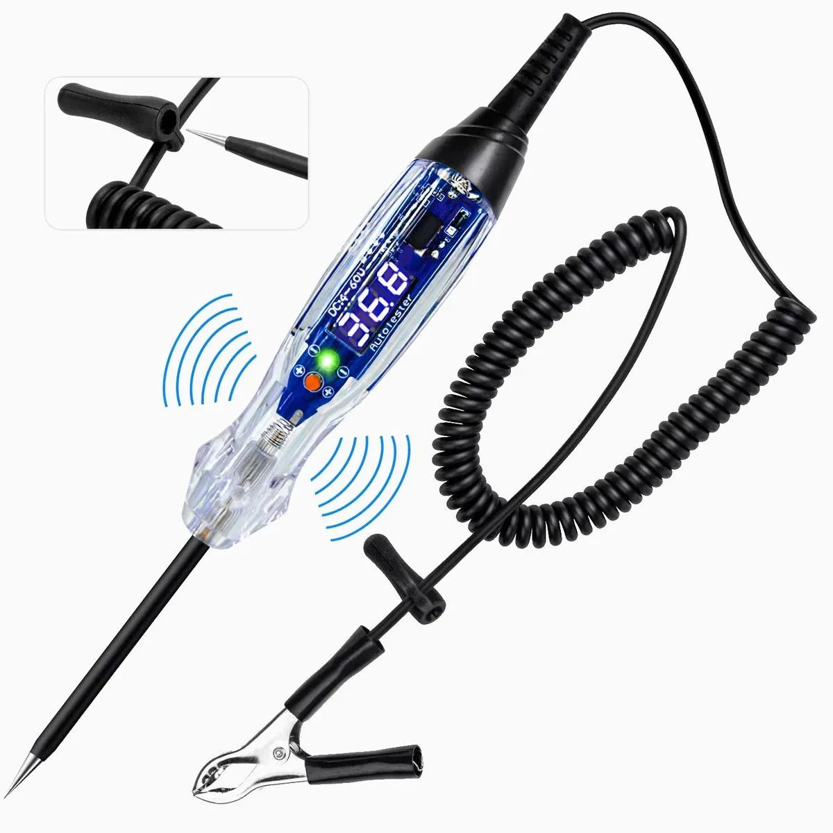 Pen-style DC circuit tester with LED display, buzzer, spring cord and large alligator clip