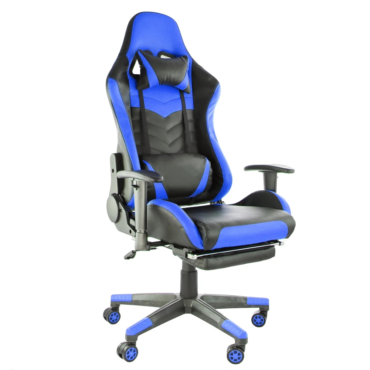 Black and blue gaming chair with pleather finish, head and lumbar pillows, fold-out footrest
