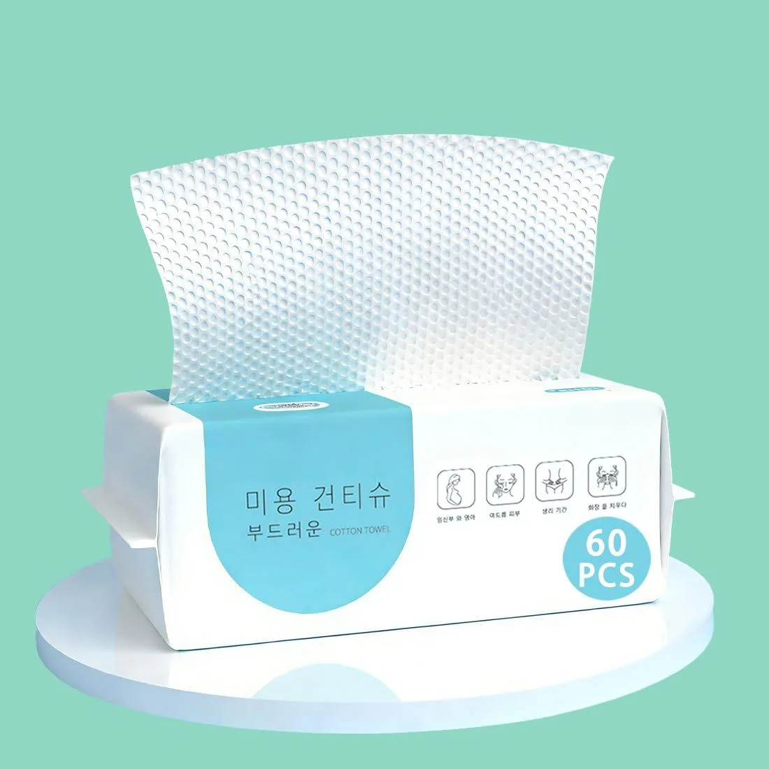 White rectangular box containing 60 folded cotton face towels