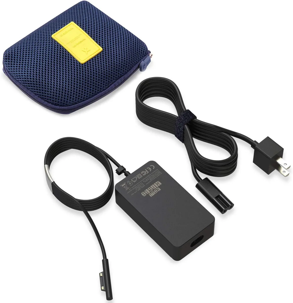 Black rectangular AC adapter with detachable power cord and USB port
