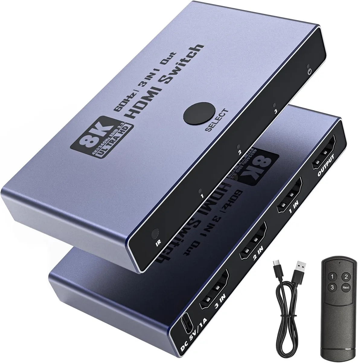 Hitoor Hitoor HDMI 2.1 Switch 3 in 1 Out 8K@60Hz 4K@240Hz 48Gbps Gray video switch — product photo
