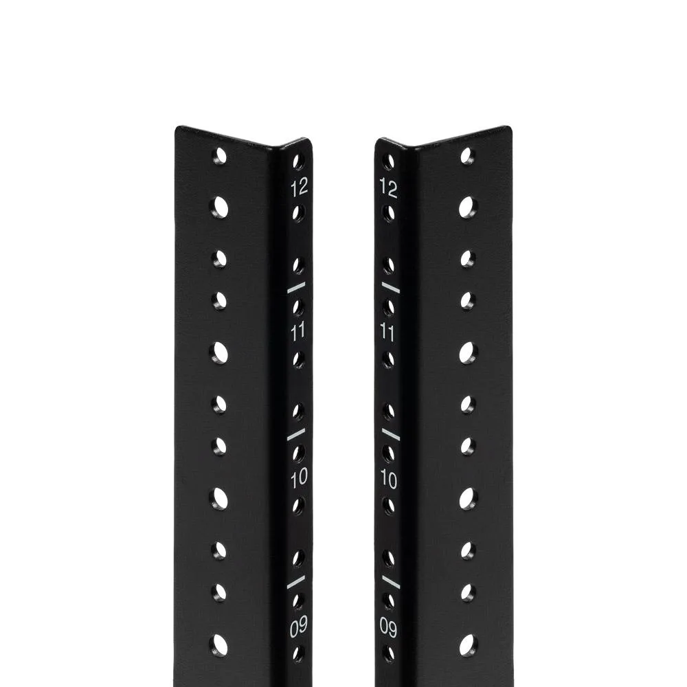 Pair of black powder-coated 12U steel rack rails with rounded corners and 12-24 tapped holes